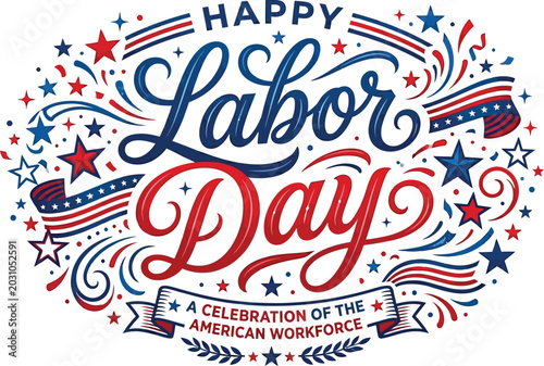 Festive labor day graphic with ornate typography stars stripes and celebratory flourishes for holiday promotions