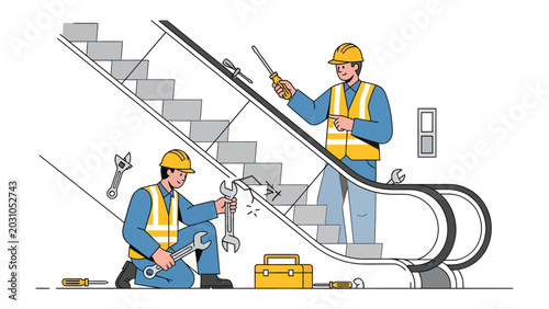 Escalator Repair Team: Two workers in hard hats and safety vests meticulously repair an escalator, surrounded by tools and equipment, symbolizing maintenance and infrastructure upkeep.