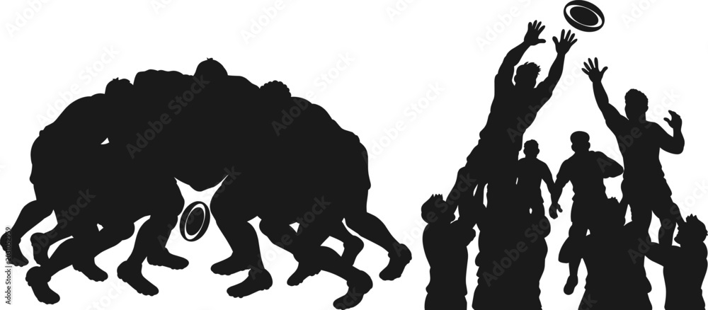 Obraz premium Rugby players silhouettes set showing scrum and line-out actions