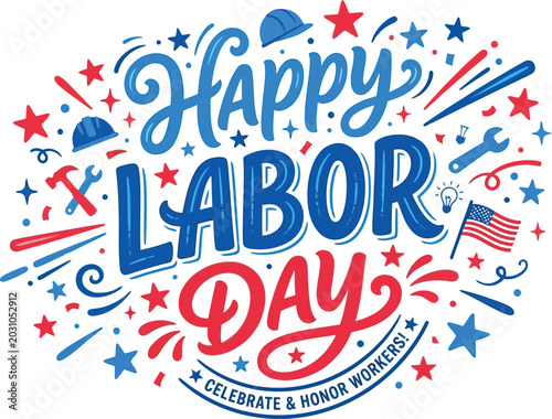Vibrant labor day celebration with patriotic symbols and workers' tools
