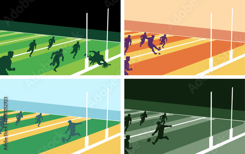 Rugby match landscape backgrounds set featuring players scoring try, conversion, penalty kick, and drop goal on a colorful sports field template.