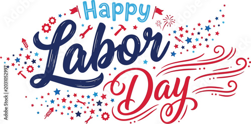Festive labor day typography illustration with fireworks and patriotic stars on white background