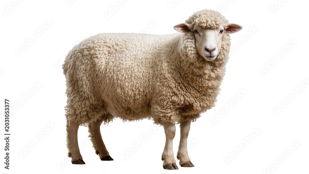 Fototapeta premium Fluffy woolly sheep standing, isolated on transparent background