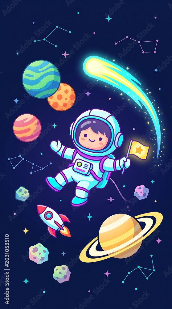 Naklejka premium An astronaut explores a colorful space scene with planets and stars