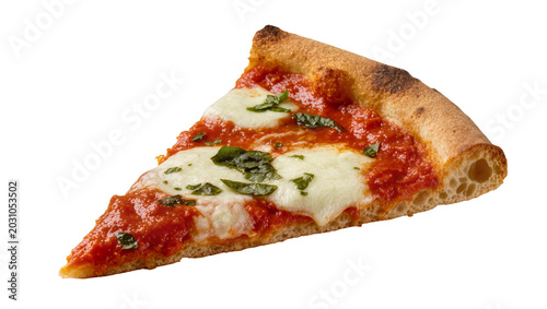 Bild auf Leinwand Delicious slice of Neapolitan pizza with tomato sauce mozzarella and basil, isol