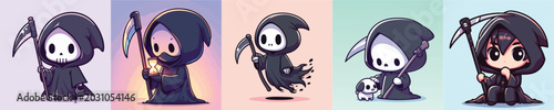 Φωτογραφία Five cute chibi grim reaper character illustrations with scythes.