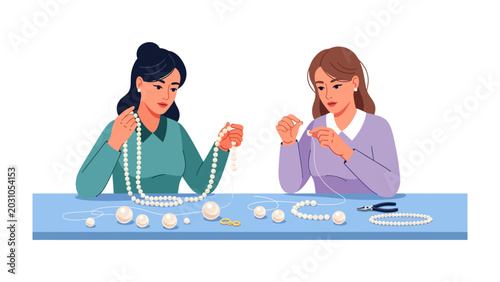 Foto Pearl Necklace Creation: Two women are meticulously crafting pearl necklaces, surrounded by loose pearls and beading tools