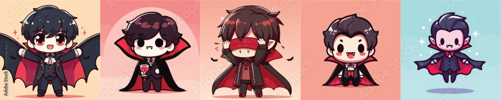 Fototapeta premium Cute chibi vampire male characters with different expressions.