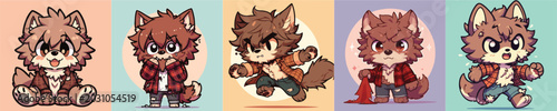 Fotografie Five cute anthropomorphic werewolf characters in chibi art style.