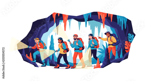 Foto Cave Exploration Expedition: A group of adventurers ventures into a dimly lit cave, their flashlights illuminating stalactites and stalagmites as they explore the subterranean world