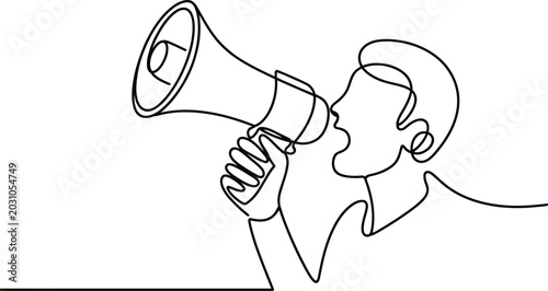 Tableau sur toile Person shouting into a megaphone one line drawing illustration line art single l