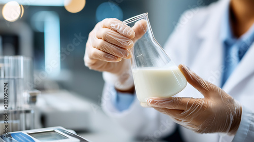 Ultra realistic commercial stock photo of female laboratory technologist hands in thin transparent rubber gloves holding glass beaker with fresh milk sample next to precision pH me