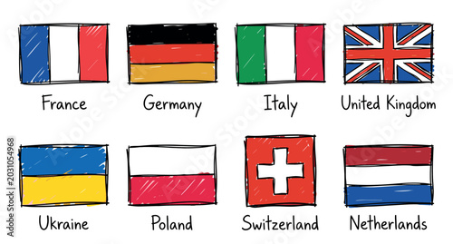 Hand drawn european flags illustrating different countries