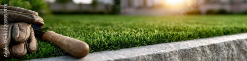 lawn care marketing, a high-quality ad for real estate and lawn maintenance, featuring a lush green lawn and gardening tools, with space for marketing content