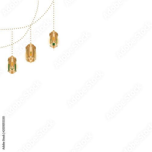 Islamic Garland Hanging Lantern Decoration with Golden Crescent Moon on Elegant Background