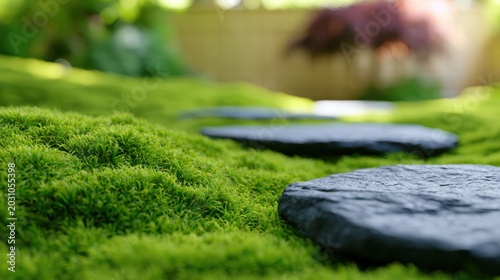 zen garden aesthetic, a chic designers setup featuring a japanese zen garden lush green moss and basalt stones lead to a bamboo fence and maple tree afternoon light