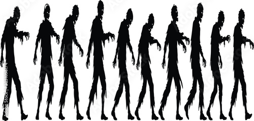 Konstfotografi Walking Zombie Silhouette Set, Scary Halloween Undead Horde Vector, Creepy Dead
