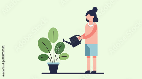 Flat vector illustration of a young woman watering a potted plant at home