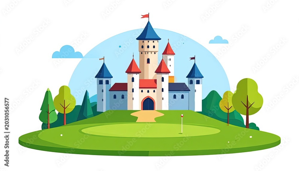 Naklejka premium Colorful cartoon castle on green hill.