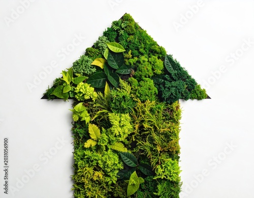 An arrow shape formed by lush green plants and moss on a white background