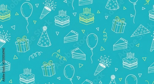 A festive scene with various party items and desserts on a teal background.