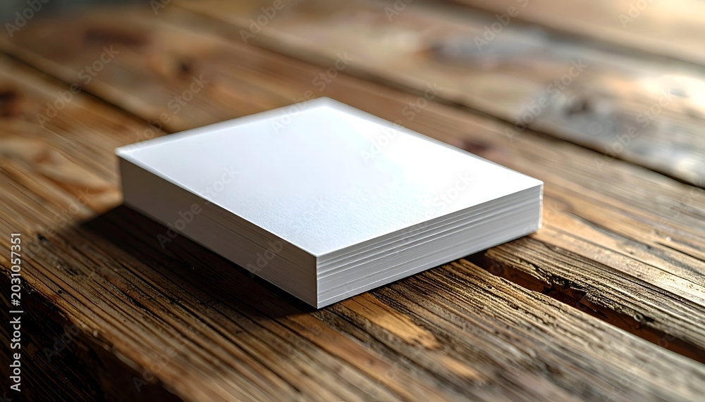 Fototapeta premium Stack of white paper resting on rustic wooden planks surface, bright light