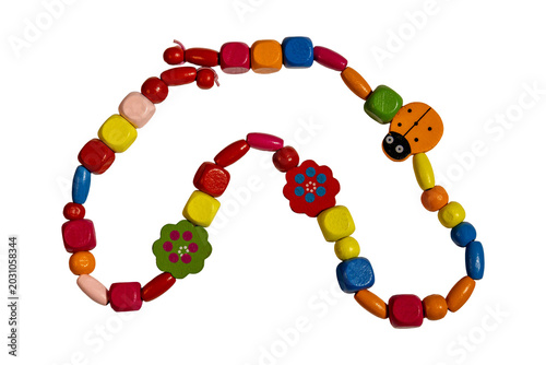 Colorful geometric wooden beads necklace with playful ladybug accent