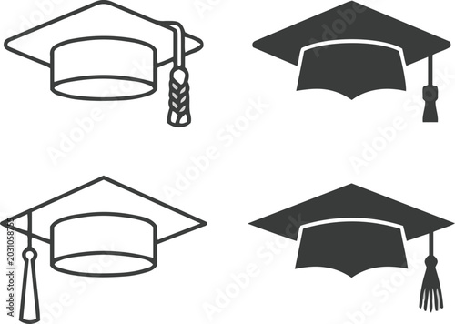 Graduation Cap Education University Academic Mortarboard Vector Icon Collection Isolated on White Background