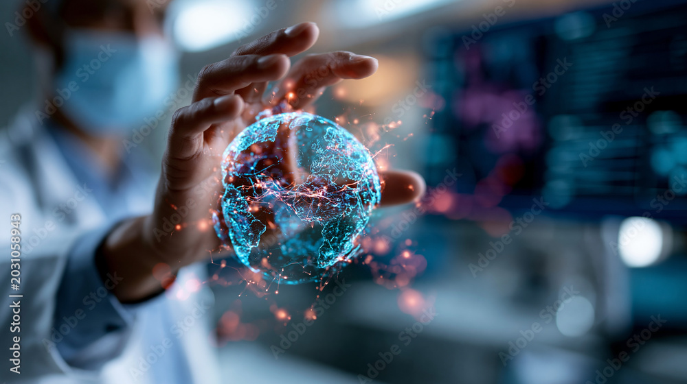 Fototapeta premium Doctor in a clinical environment reaching toward a glowing virtual globe visualization, blending healthcare expertise with advanced technology to represent global digital health innovation