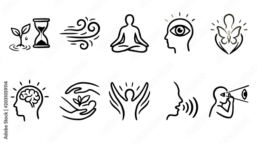 Fototapeta premium Collection of icons representing meditation mindfulness and wellness