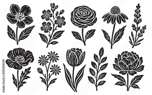 Linocut art floral for flower vector design and nature isolated leaf. Texture vintage illustration for black graphic linocut and plant logo spring. Linocut stamp leaves for flower garden art