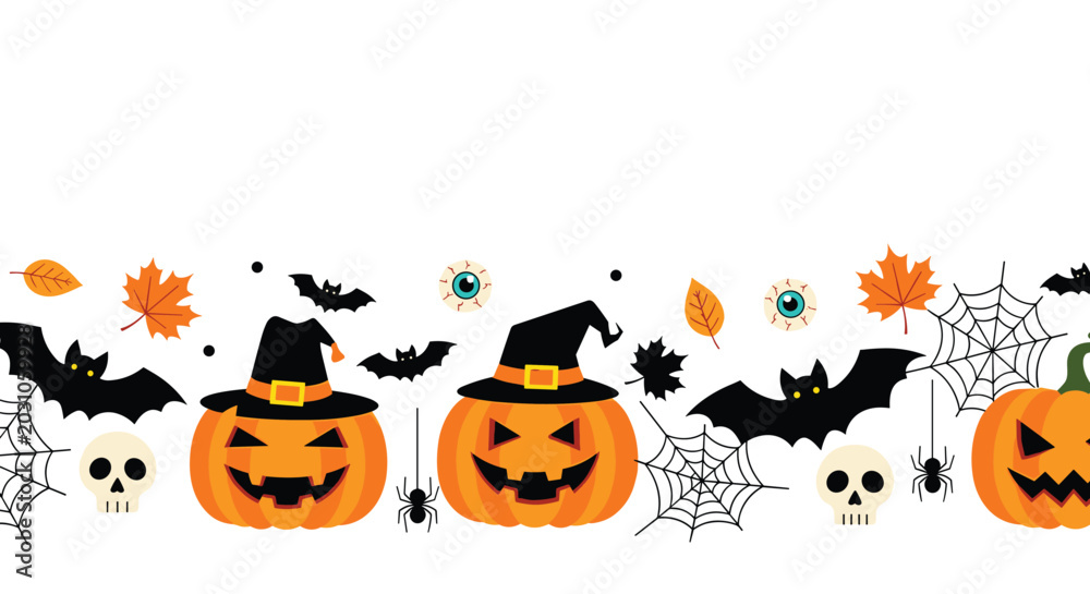 Obraz premium Horizontal Halloween border featuring carved pumpkins with witch hats, flying bats, skulls, spider webs, and colorful autumn leaves.