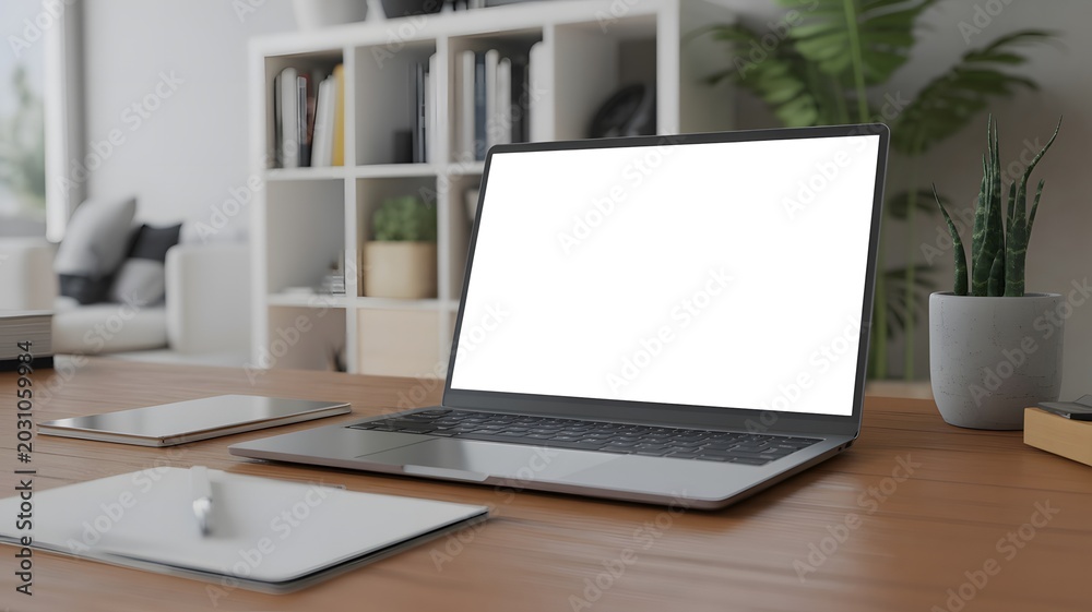 Fototapeta premium Modern laptop with blank white screen on a wooden desk in a bright home office