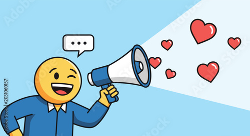 Winking smiley face character using a megaphone to broadcast love hearts and social media speech bubble messages.