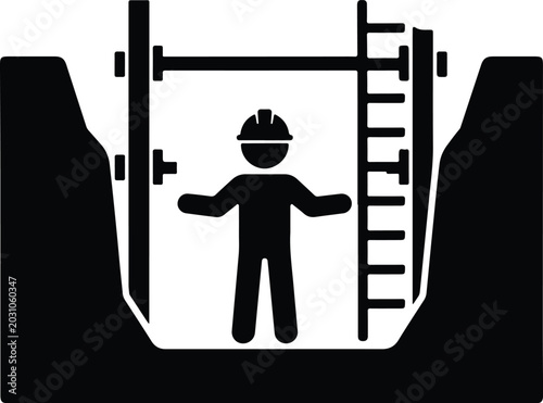 Construction worker in safety trench with ladder representing excavation safety and site preparation simple vector illustration