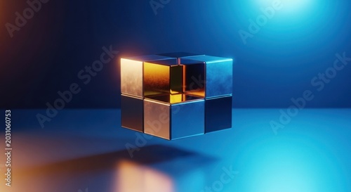 A shiny metallic cube with reflective surfaces sits on a blue floor with a light source casting a glow.