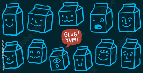 Foto Collection of cartoon milk cartons with various facial expressions and a speech bubble saying Glug Yum