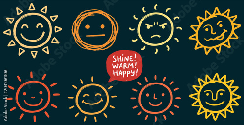Quadro su tela Collection of cartoon suns with various facial expressions and emotions, including happy, sad, and angry