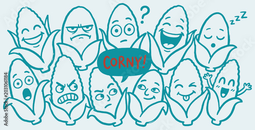 фотографія A group of cartoon corn characters expressing various emotions, with one character saying Corny!