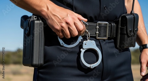 Police officer putting on handcuffs outdoors in desert landscape