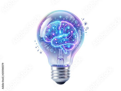 3D illustration of a glass light bulb with a glowing digital brain inside, concept of artificial intelligence, creative idea, innovation, or brainstorming.