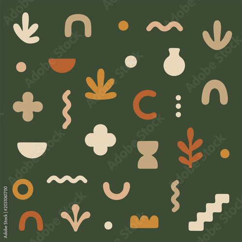boho, geometric, green, dark, black, beige, cream, orange, mustard, abstract, pattern, minimalist, modern, organic, shapes, flat, vector, background, decorative, contemporary, scandinavian, earthy, st