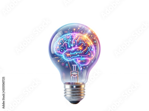 3D illustration of a glass light bulb with a glowing digital brain inside, concept of artificial intelligence, creative idea, innovation, or brainstorming.