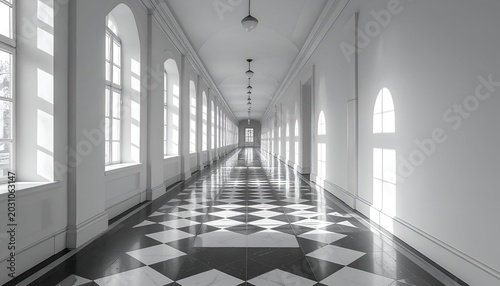 Long, light-filled corridor with checkered floor, arched windows, and overhead lights