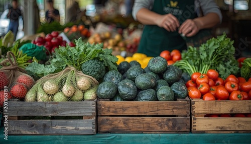 Hands place fresh organic vegetables into reusable mesh bags at a local farmers market. Concepts of sustainable shopping, eco-friendly lifestyle, and conscious food consumption.
