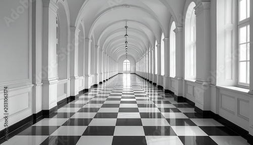 Long, elegant hallway with checkered floor, arched ceiling, and rows of windows