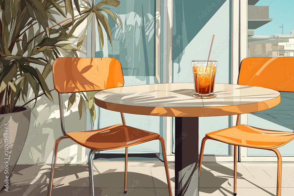 Obraz premium Sunny outdoor cafe table with iced drink and modern chairs illustration
