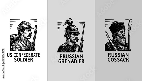 Bild auf Leinwand Historical Military Portraits: US Confederate Soldier, Prussian Grenadier, and R