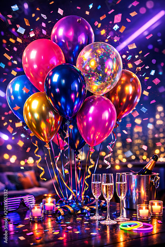 Colorful party celebration with vibrant balloons, glitter accents, curly ribbons, sparkling confetti, champagne glasses, ice bucket, glowing candles, and neon accessories, symbolizing joy, festivity, 