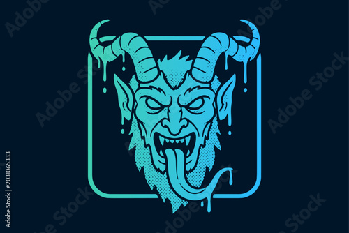 Krampus Demon Head Illustration with Teal Gradient and Retro Halftone Style
